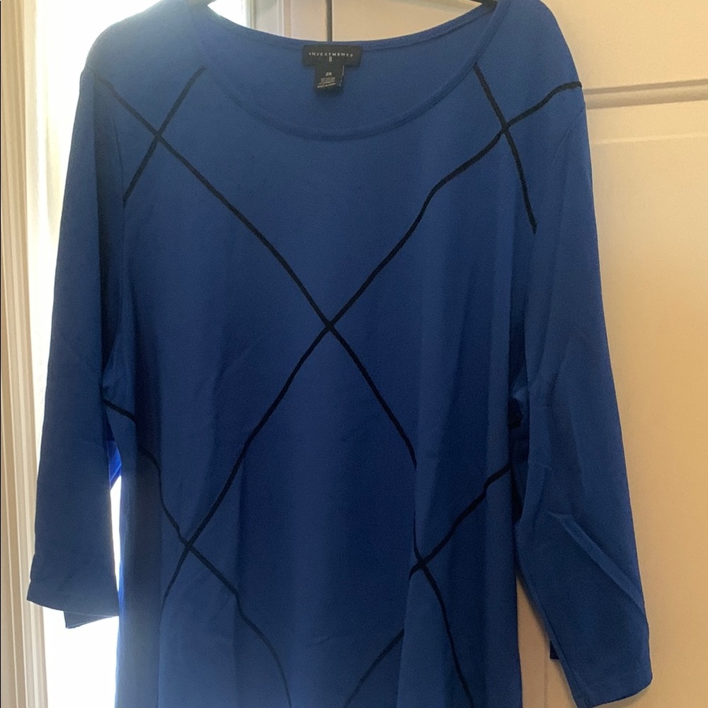 Investments women’s Blue Blouse with Black Lines 2X 3/4 length sleeves - Picture 4 of 4